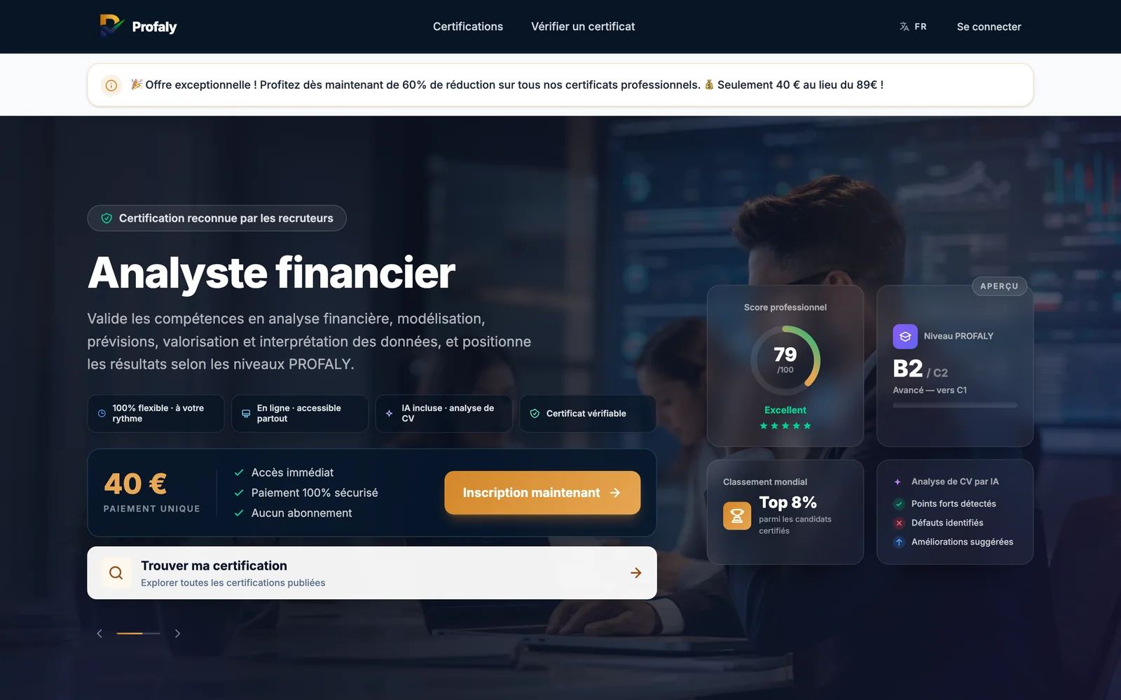 Page d’accueil du site Profaly, certification « Analyste financier » avec score professionnel et niveau PROFALY.